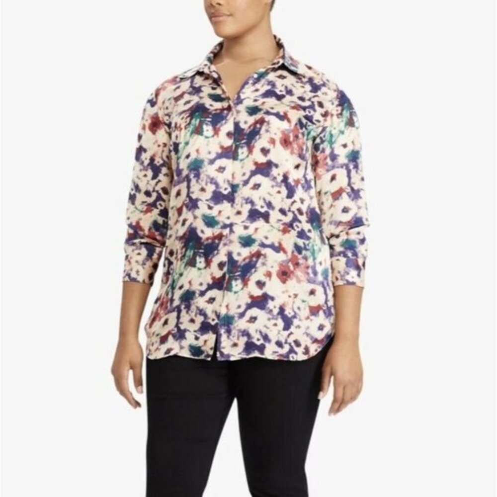 Ralph Lauren Kristy Button Down Satin Shirt 1X Long Sleeves Artsy‎ Office NWT